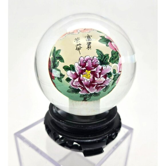 Hand-Painted Chinese Art Glass Ball Globe With Wooden Stand Vintage Asian je217 - Picture 3 of 7